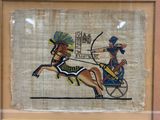 an image of a painting of a man on a horse pulling a cart with a woman on it