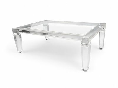 table basse en acrylique avec des pieds en acrylique transparent et un plateau en verre transparent