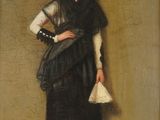 an image of a painting of a woman in a black and white dress
