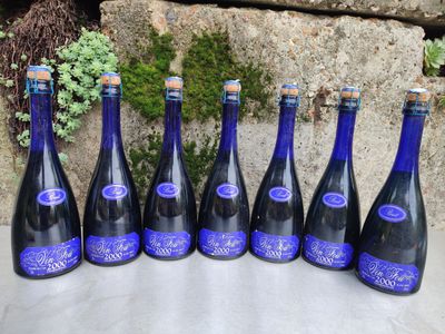 six bottles of blue wine lined up on a table in front of a stone wall