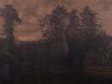 une photo d'un tableau représentant un paysage avec des arbres au premier plan