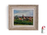 une peinture à l'huile d'un paysage avec une église au loin