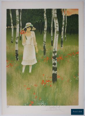 an image of a painting of a woman standing in a field of poppies
