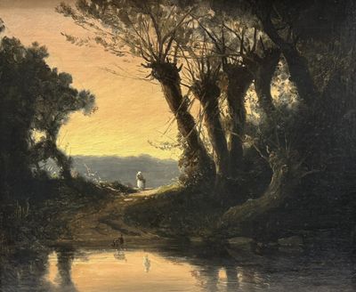 un tableau représentant un homme debout au milieu d'une rivière
