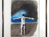 painting of a man standing on a beach with his arms spread out