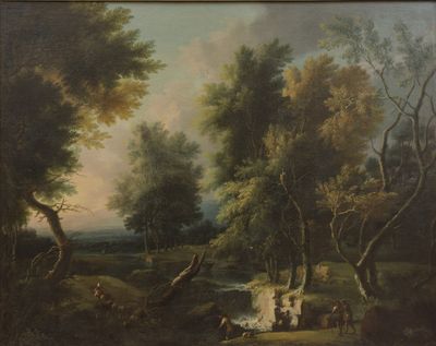 painting of a wooded landscape with figures and animals in the foreground