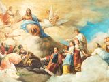 a painting of a group of people sitting on a cloud