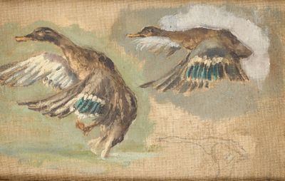 tableau représentant deux canards volant dans les airs, les ailes déployées
