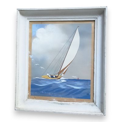 a picture of a painting of a sailboat in the ocean