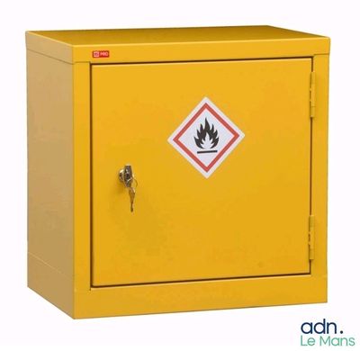 an image of a yellow metal cabinet with a fire extinguisor sign on it