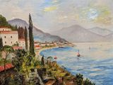 un tableau représentant la vue d'une petite ville au bord de l'eau