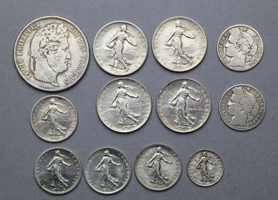 FRANCE : Lot de 12 monnaies d’argent : 5 Francs 1835 K ; 2 Frs Semeuse - Photo 1