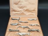 a case that has a bunch of silver fish in it
