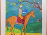 tableau représentant un homme à cheval dans un champ, avec un arbre en arrière-plan