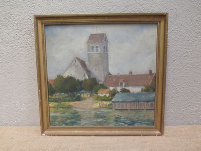une photo d'un tableau représentant une église sur l'eau