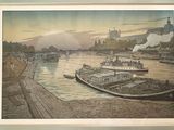 a picture of a picture of a river with boats