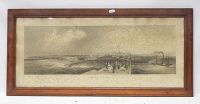 framed drawing of a view of a beach with a boat in the water