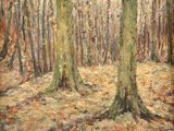 une peinture à l'huile représentant deux arbres dans une forêt, avec des feuilles au sol