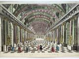 un vieux dessin représentant une grande salle au sol en damier