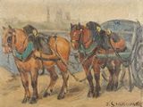a painting of two horses pulling a carriage on the beach