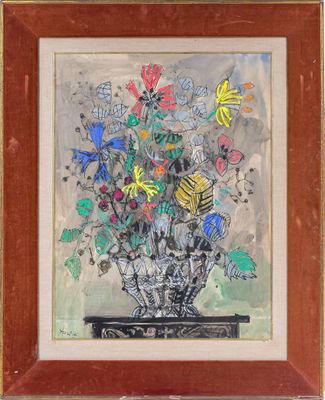 une image d'une peinture de fleurs dans un vase sur une table