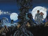 une image représentant un tableau où l'on voit un groupe de personnes dans une forêt, la nuit