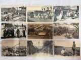 several old black and white photographs of people on a street