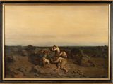 an oil painting of a man and a dog in a rocky landscape