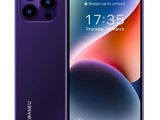 a purple smartphone with the back camera open and the back of it