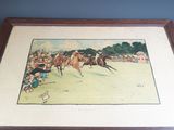 tableau représentant une course hippique, avec des jockeys et des chevaux en arrière-plan
