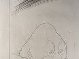 pencil drawing of a cat laying down on the ground with its head on the ground