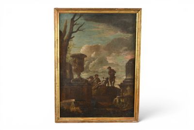 tableau représentant un paysage avec des personnages et des animaux dans un décor boisé