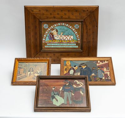 three framed pictures of people and a clock on a white surface