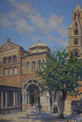 a painting of a building with a clock tower in the background