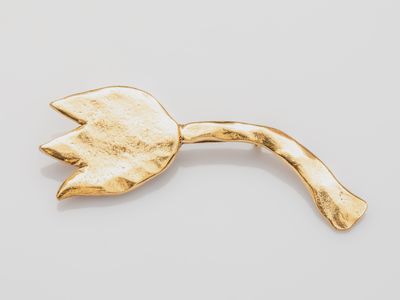 a gold plated brooch with a leaf on it