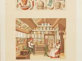 an old print of a kitchen with a woman and a man in the kitchen