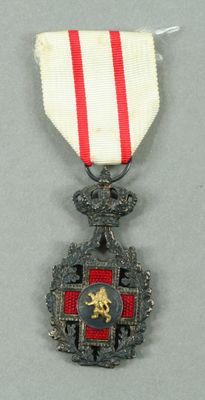 a close up of a medal with a red and white ribbon