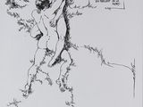 a black and white drawing of a naked woman hanging from a tree