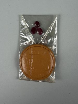 a chocolate cookie in a plastic bag on a table