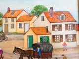 une peinture représentant une calèche devant une maison