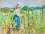 une peinture à l'huile représentant une femme en robe bleue debout dans un champ