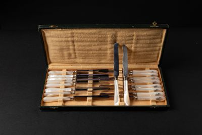 a case that has a set of pens and a knife in it