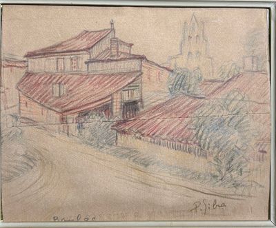 dessin représentant une maison au toit rouge et une colline escarpée