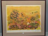 tableau encadré représentant un paysage avec des fleurs et des oiseaux