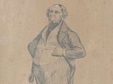 dessin représentant un homme en costume-cravate, debout, les mains sur les hanches