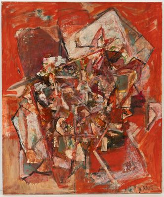 une peinture abstraite représentant une pile de feuilles sur un fond rouge