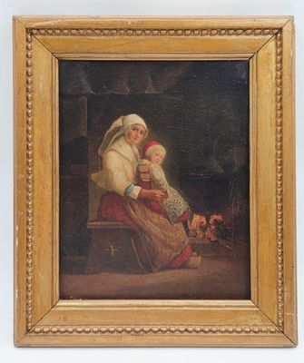 un vieux tableau représentant une femme et un enfant assis sur un banc