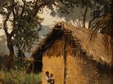 une image représentant un tableau où l'on voit un groupe de personnes devant une hutte