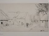 drawing of a man standing in front of a house in a village