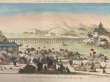 a drawing of a view of a bridge over a body of water